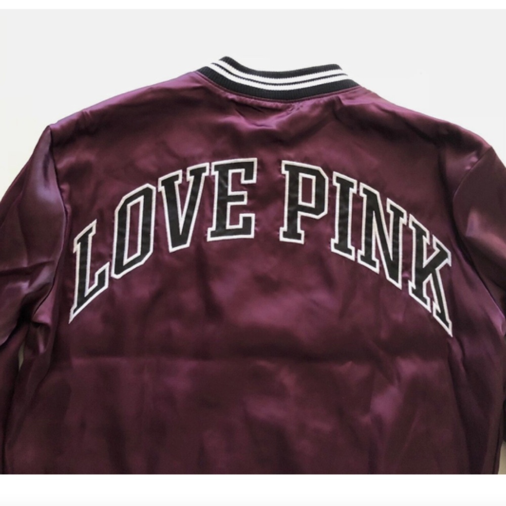 PINK Victorias Secret Nwt Black Orchid Satin Logo Snap Bomber Jacket XS - Picture 2 of 3